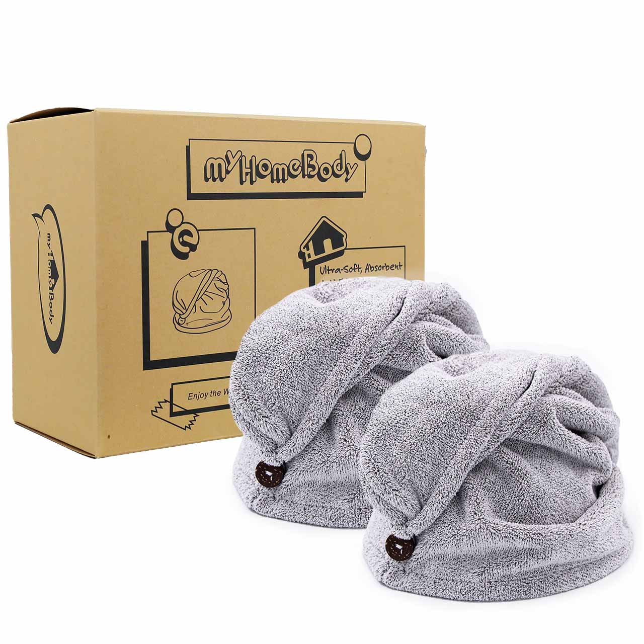 Ultra Soft and Absorbent Anti-Frizz Charcoal Fiber Hair Towel Wrap with Coconut Shell Button – 2 Pack - Gray