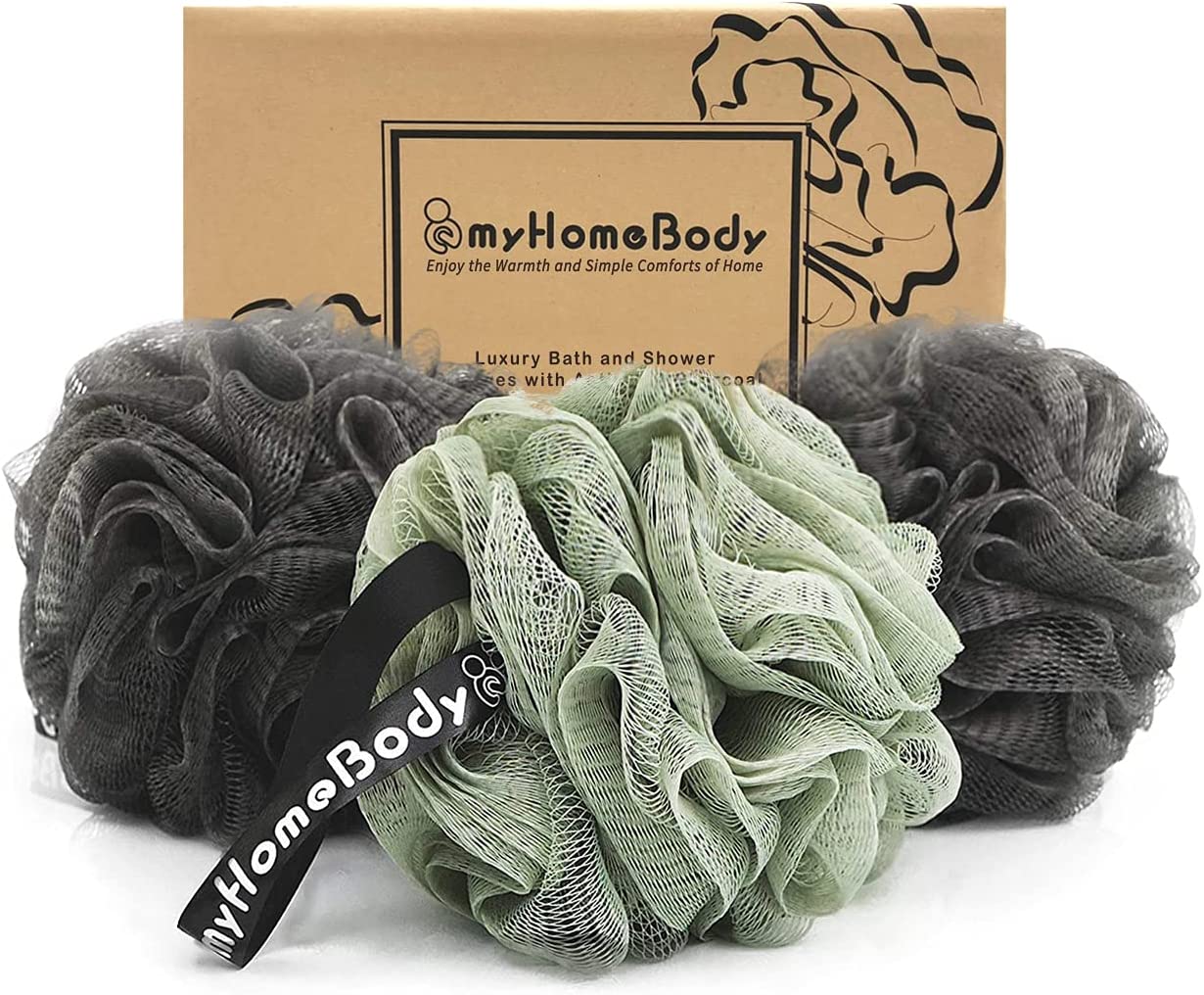 Large 70g Loofah Sponge, Shower Pouf with Activated Charcoal | Lots of Lather, 3 Pack