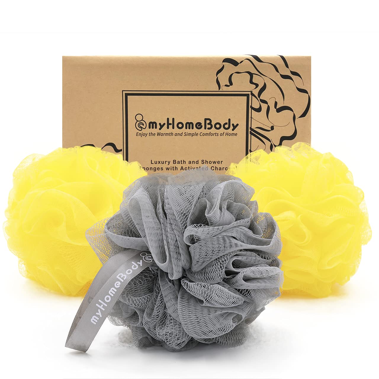 Large 70g Loofah Sponge, Shower Pouf with Activated Charcoal | Lots of Lather, 3 Pack