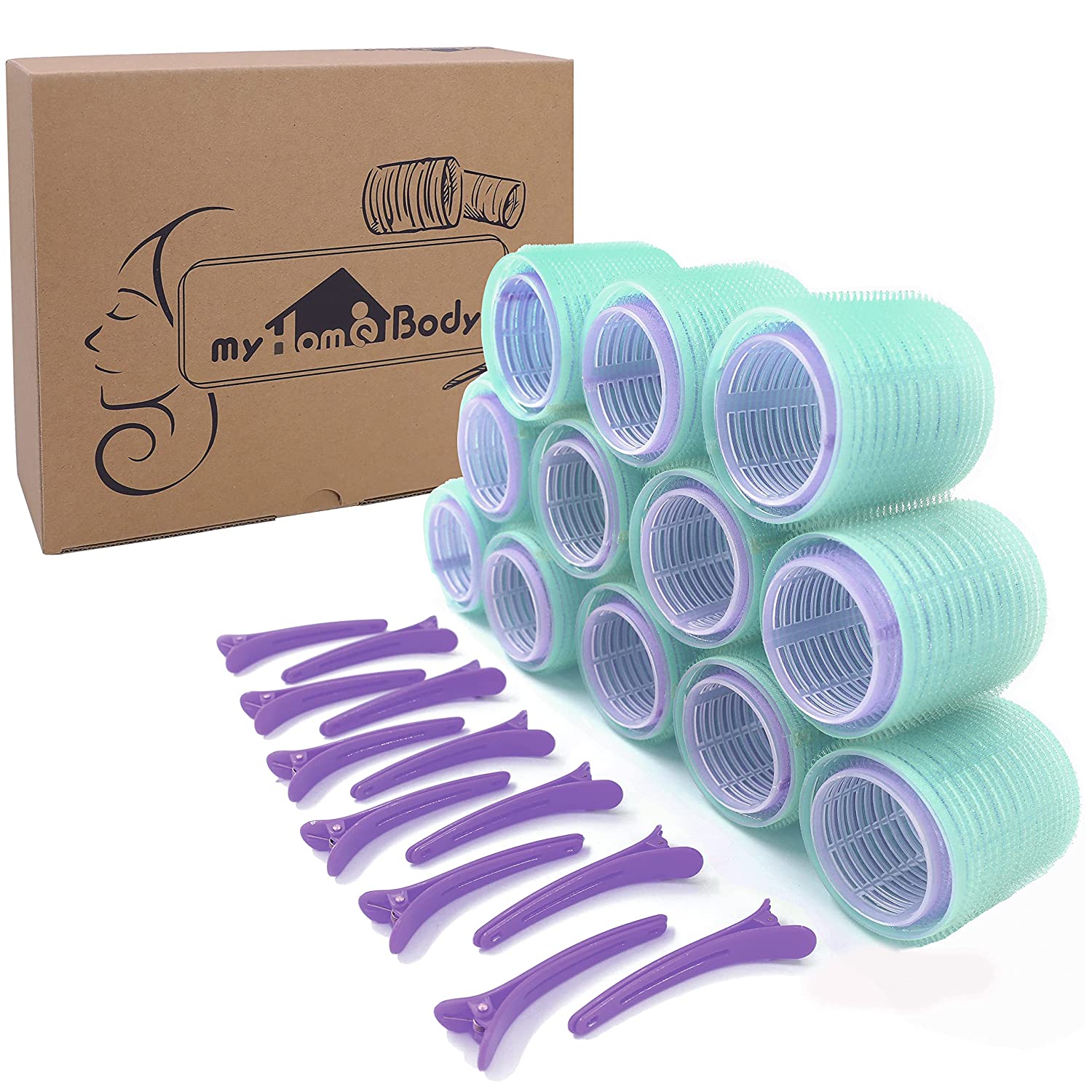 Self Grip Hair Rollers, 2 Sizes, Extra Large and Jumbo 36pc Set - 24 Rollers, 12 Duckbill Hair Clips