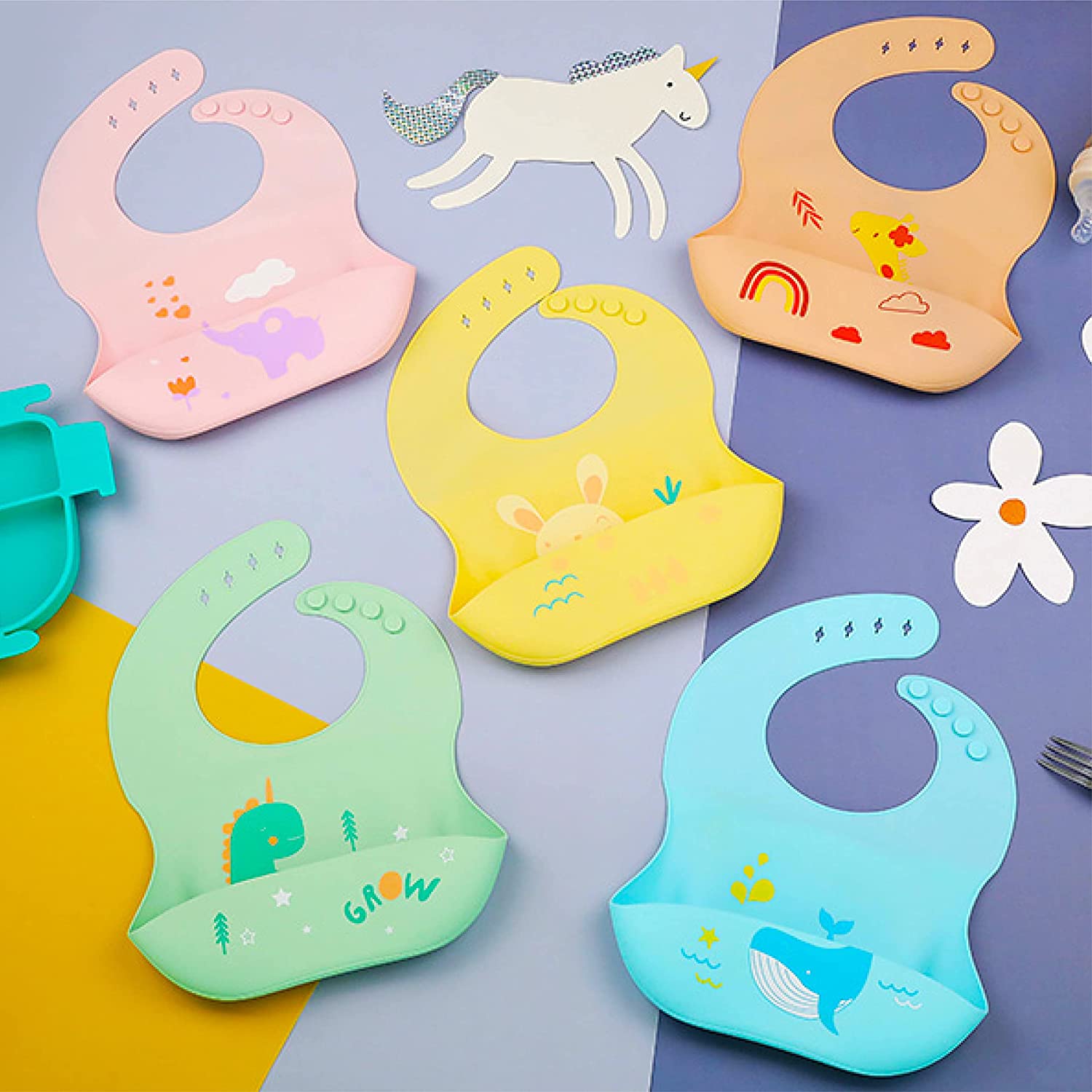Silicone Bibs Animal Collection| Waterproof Silicone Baby Bibs for Baby Feeding | Adjustable Fit Silicone Bibs