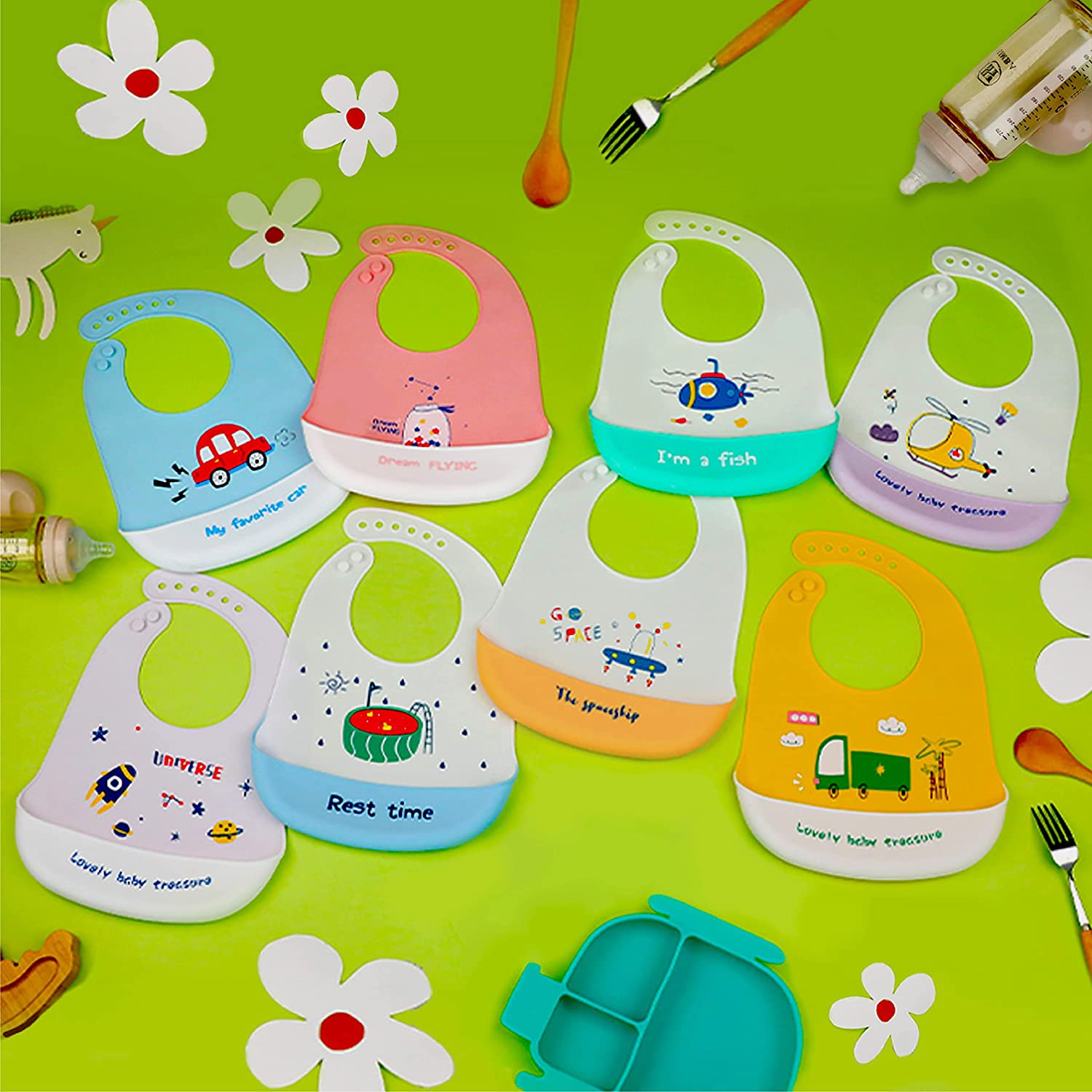 Silicone Bibs Contrast Color Collection| Waterproof Silicone Baby Bibs for Baby Feeding | Adjustable Fit Silicone Bibs