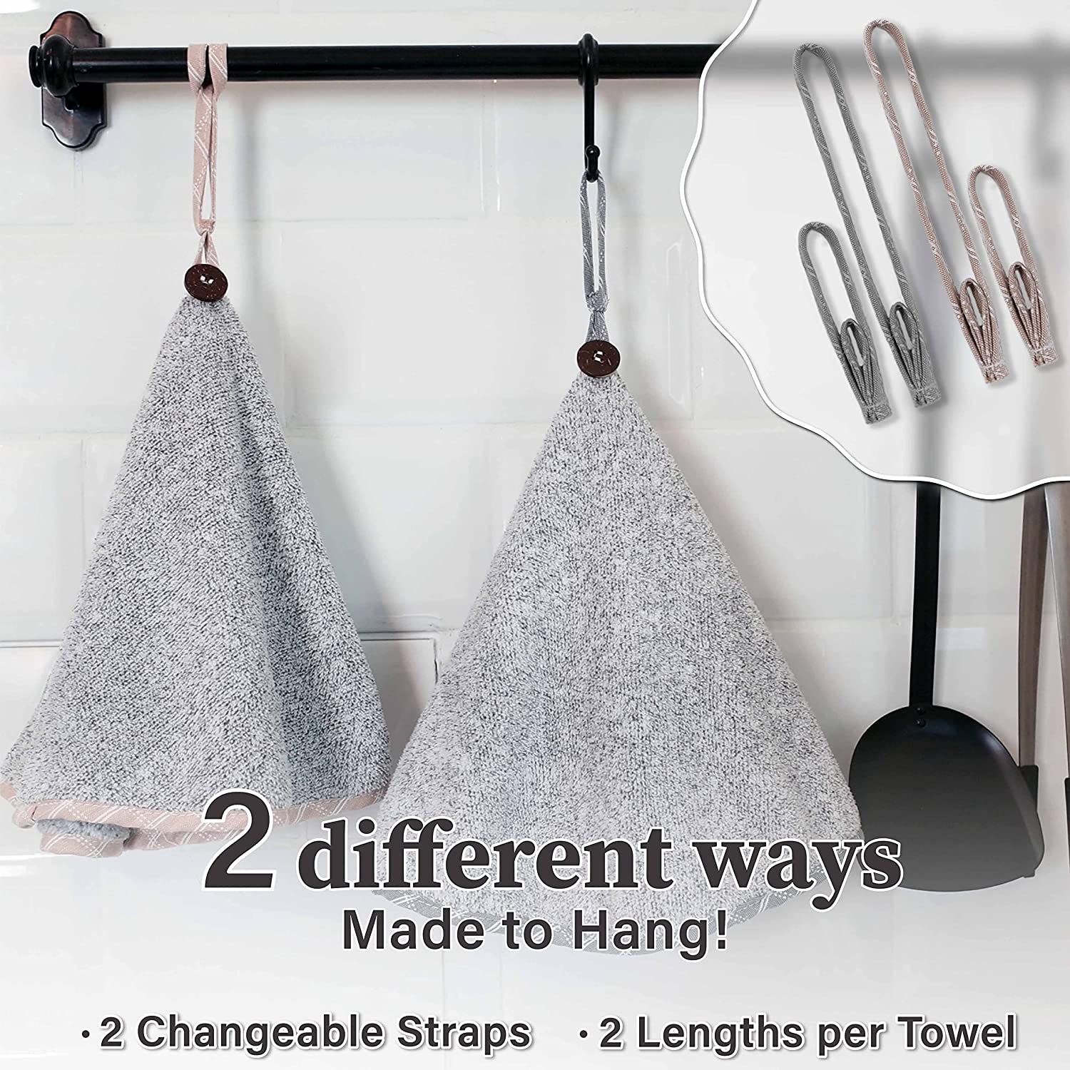  Grey Hand Towels with Hanging Loops - Set of 2 Gray