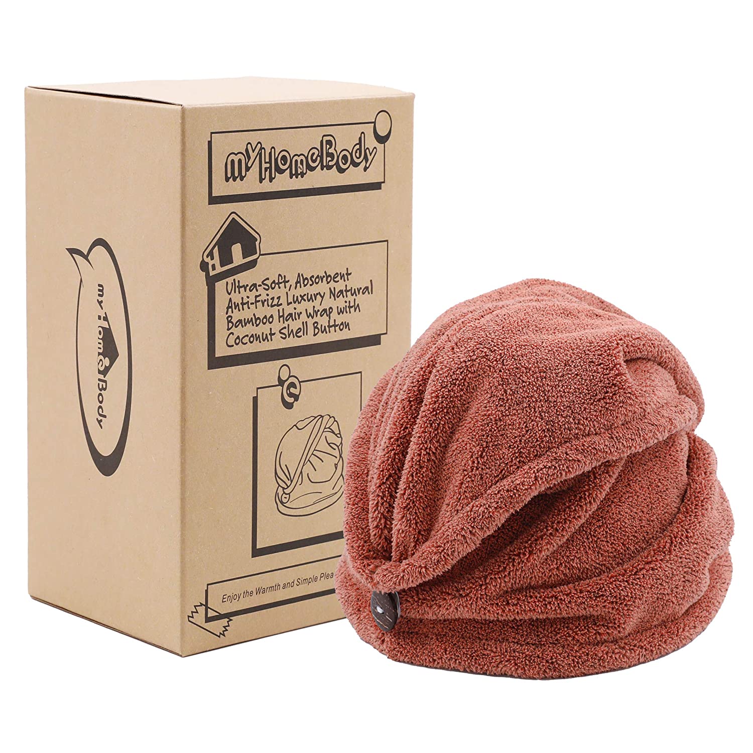 Ultra Soft and Absorbent Anti-Frizz Charcoal Fiber Hair Towel Wrap with Coconut Shell Button