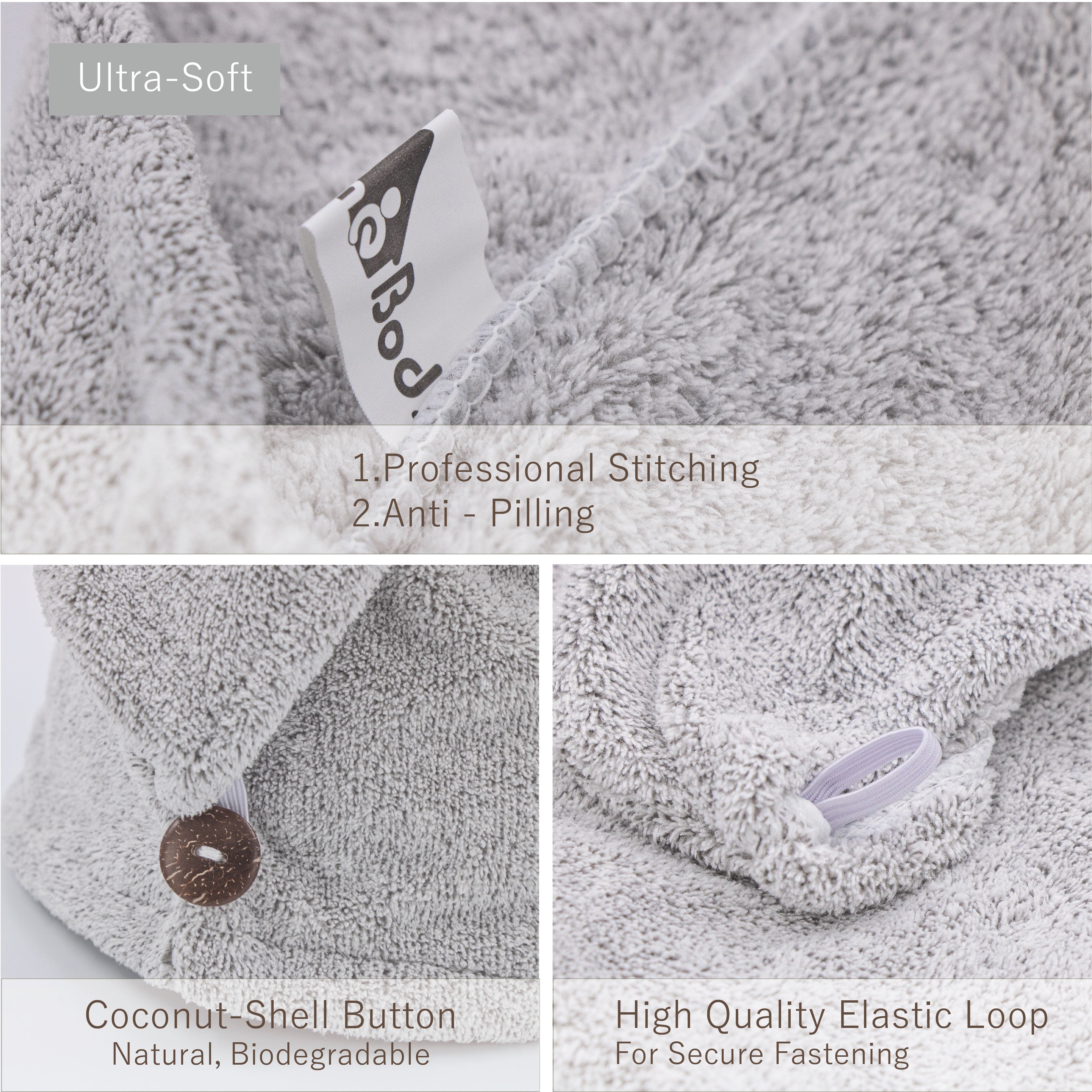 Ultra Soft and Absorbent Anti-Frizz Charcoal Fiber Hair Towel Wrap with Coconut Shell Button – 2 Pack - Gray